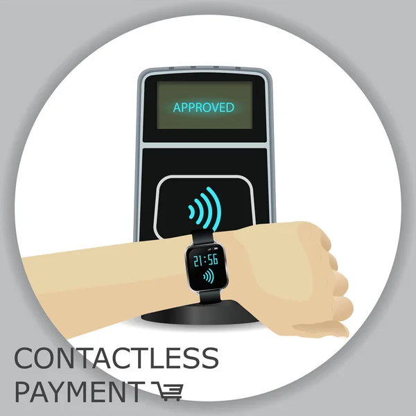 Main avec smartwatch payer pour les produits par des paiements sans contact — Image vectorielle