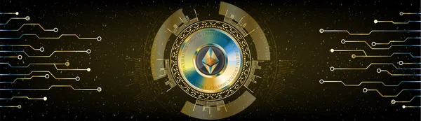 Ethereum blockchain cryptocurrency gouden munt met futuristische l — Stockvector