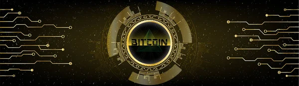 Gyllene futuristiska Bitcoin koncept. Hud s [ace kosmiska bakgrund w — Stock vektor