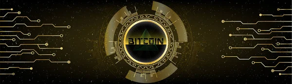 Altın fütüristik Bitcoin kavramı. Hud s [ace kozmik arka plan w