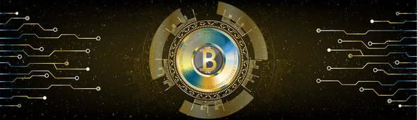 Concepto de Bitcoin futurista dorado. HUD s [as fondo cósmico w — Vector de stock