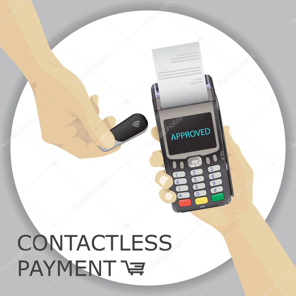 Hand holding wireless, contactless fob, keychain for payments th