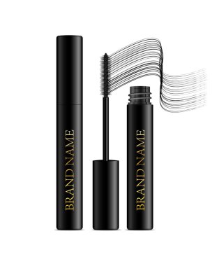 Bir maskara tüp ve bir değnek aplikatör. Kozmetik siyah altın şişe