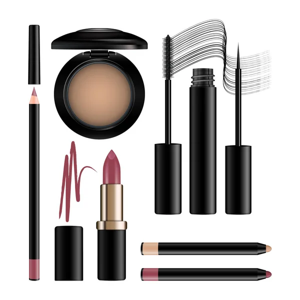 Makeup cosmetics set isolated on white. Eye shadow, eyeliner, go — Stock Vector