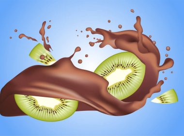 Gerçekçi karanlık taç çikolata yoğurt dalgalı sıçrama kivi ile süt