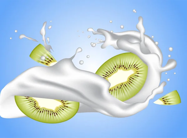 Leite realista coroa iogurte ondulado respingo com fatias de frutas kiwi . — Vetor de Stock