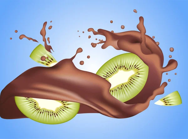 Realistische donker melk kroon chocolade yoghurt golvende plons met kiwi — Stockvector