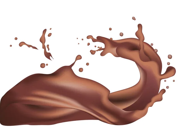 3D-realistische gedraaide donkere chocolade melk plons met druppels. ISO — Stockvector