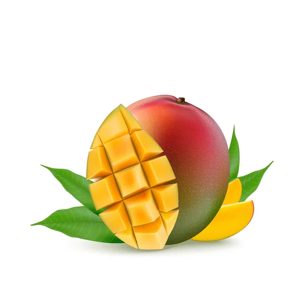 Mango fruit for fresh juice, jam, yogurt, pulp. 3d realistic yel — Stock Vector