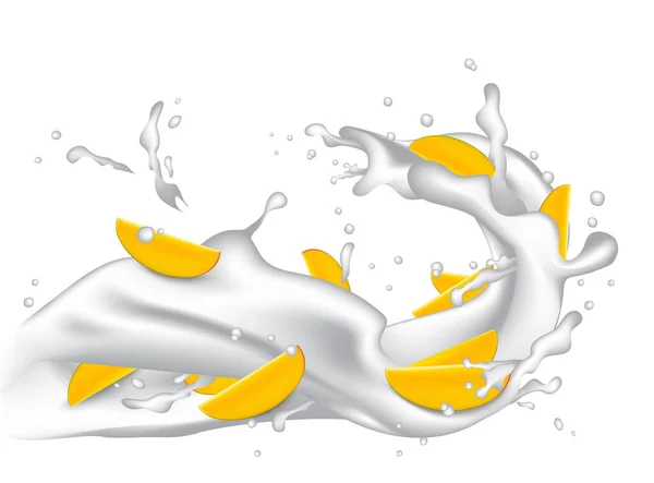Melk splash 3d illustratie met plakjes van mango, perzik, abrikoos — Stockvector