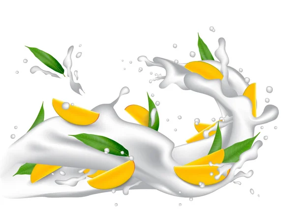 Melk splash 3d illustratie met plakjes van mango, perzik, abrikoos — Stockvector