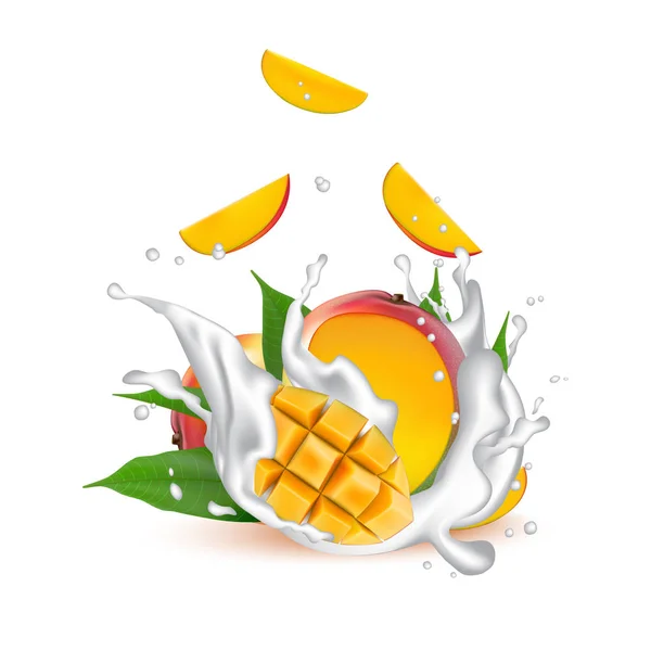 Melk splash 3d illustratie met dalende plakjes mango vrucht c — Stockvector