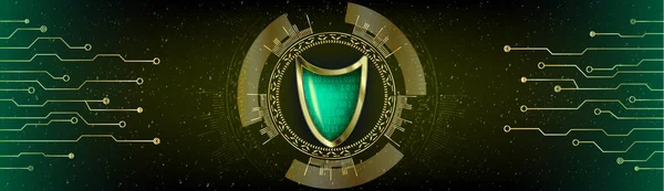 Conceito antivírus de segurança cibernética com escudo verde dourado, futuro — Vetor de Stock