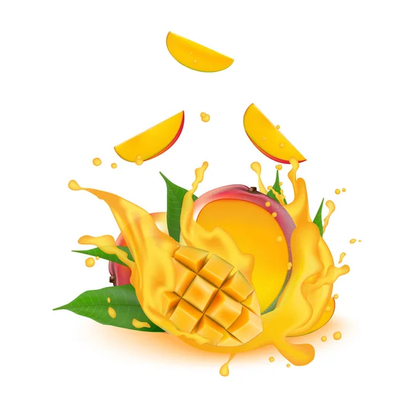 Gyümölcslé tej joghurt mango kockák fröccsenő. Juicy mango splash pack — Stock Vector