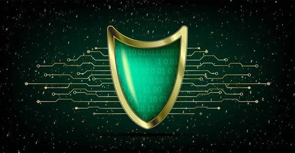 Cyber security antivirus koncept med guld grön sköld, futuris — Stock vektor