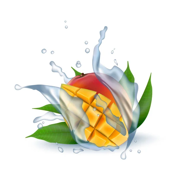 Fresco 3d cubos de mango realistas con yogur de leche de agua salpicadura dro — Vector de stock