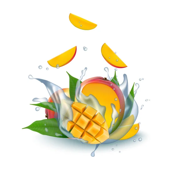 Świeży 3d realistyczne pokrojone w kostkę mango z wodą mleko jogurt splash dro — Wektor stockowy