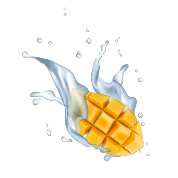 Fräsch 3d realistiska mango kuber med vatten mjölk yoghurt splash dro — Stock vektor