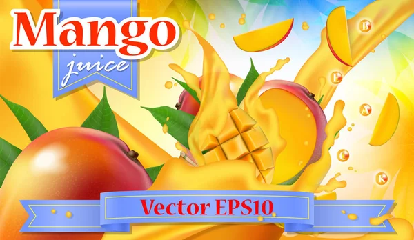 Anuncios vectoriales banner de promoción 3d, salpicadura de fruta de mango realista — Vector de stock