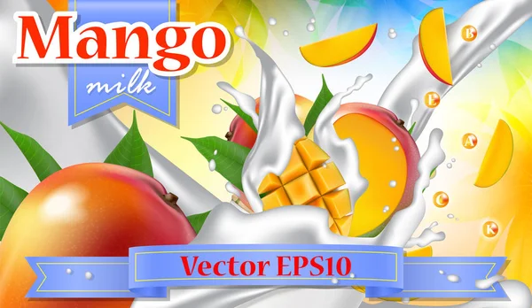 Pubblicità vettoriale banner promozionale 3d, spruzzi di mango realistici — Vettoriale Stock