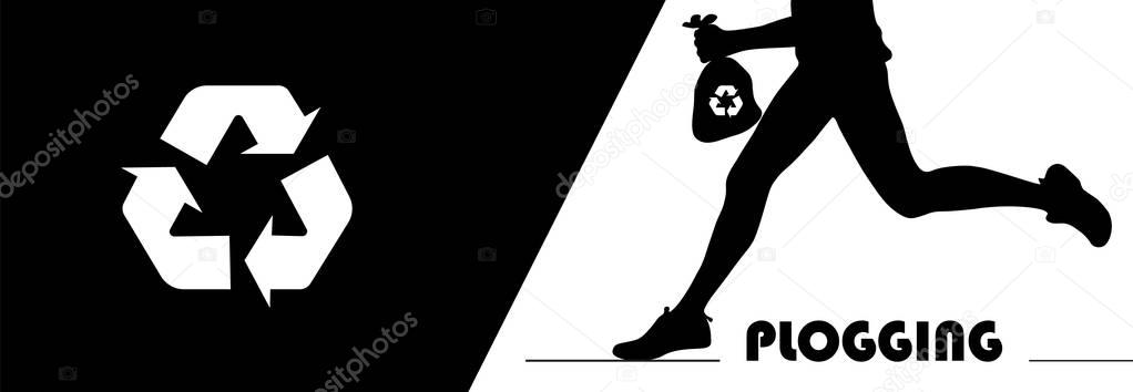 Plogging concept. A human silhouette running and holding a litter trash bag with recycle symbol. Plocka up design for green environment movement.