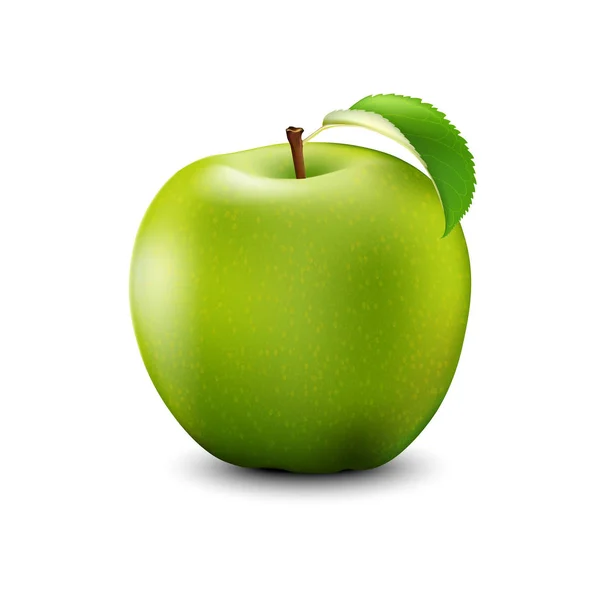 Manzana verde realista con hoja. Isolat de ilustración 3d detallada — Archivo Imágenes Vectoriales