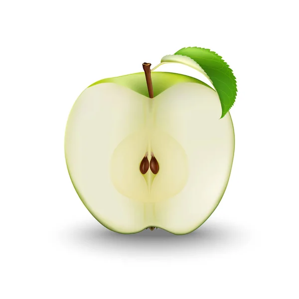 Vector realistisk grönt äpple skär i halvor med frön och blad. SL — Stock vektor