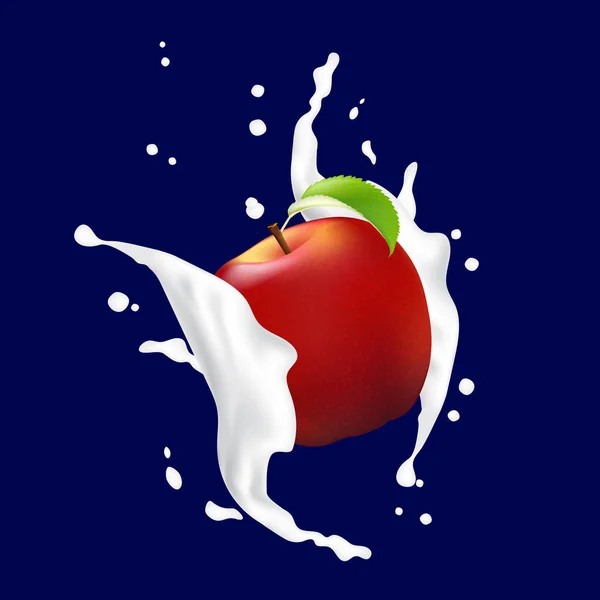 Красное яблоко в молочном йогурте. Apple Falling Into The Cream — стоковый вектор