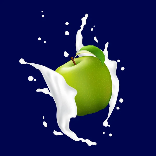 Зеленое яблоко в молочном йогурте. Apple Falling Into The Crea — стоковый вектор