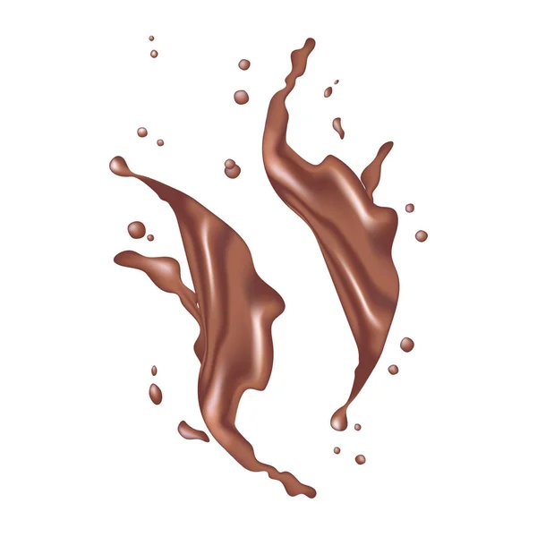 3D-realistische gedraaide donkere chocolade melk plons met druppels. Isol — Stockvector