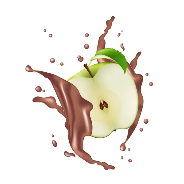 Mezza mela verde succo di cioccolato al latte yogurt Splash Illust — Vettoriale Stock