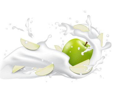 Yeşil elma dilimleri ile süt sıçrama 3d çizim. Krem po