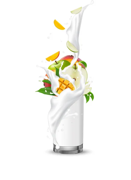 Milkshake mango apple fruit cocktail. Milk splash swirl in the r — Stock Vector