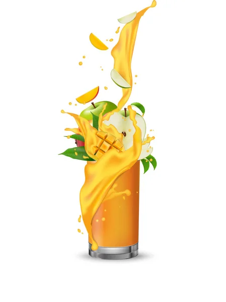 Cóctel de fruta de manzana de mango. Splash remolino en el vidrio realista . — Vector de stock