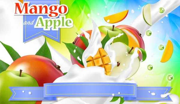 Anuncios vectoriales 3d banner de promoción. Mango de manzana realista salpicadura — Vector de stock