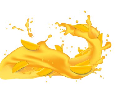 Mango, şeftali dilimleri ile 3d resimde sarı portakal suyu,