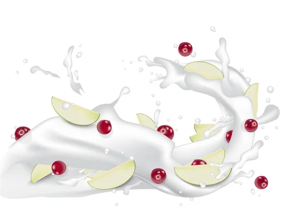 リンゴのスライスと赤い果実ヨーグルト ミルク。3 d のミルク s を流れる — ストックベクタ