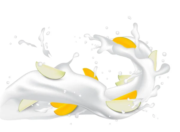 Yogurt milk with mango, peach and apple slices. Flowing 3d milk — Stock Vector
