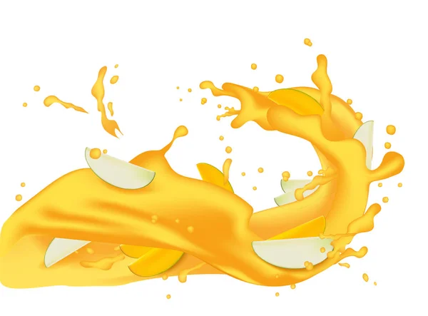 Succo d'arancia giallo illustrazione 3d con fette di mango, pesca , — Vettoriale Stock