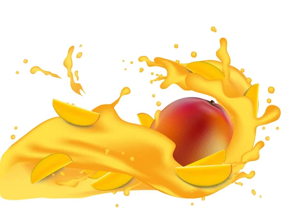 Gele sinaasappelsap 3d illustratie met plakjes van mango, perzik, — Stockvector
