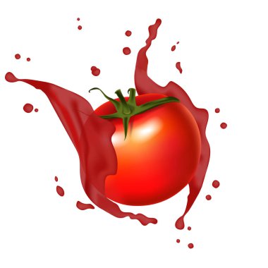 Suyu kırmızı domates sıçramasına. Gerçekçi, 3d sulu domates sıçrama 
