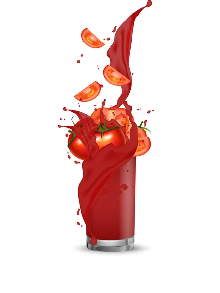 Tomato cocktail. Splash swirl in the realistic glass. Red Tomato — Stock Vector