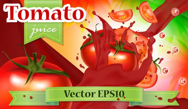 Anuncios vectoriales 3d banner de promoción, tomates realistas salpicaduras ingenio — Vector de stock