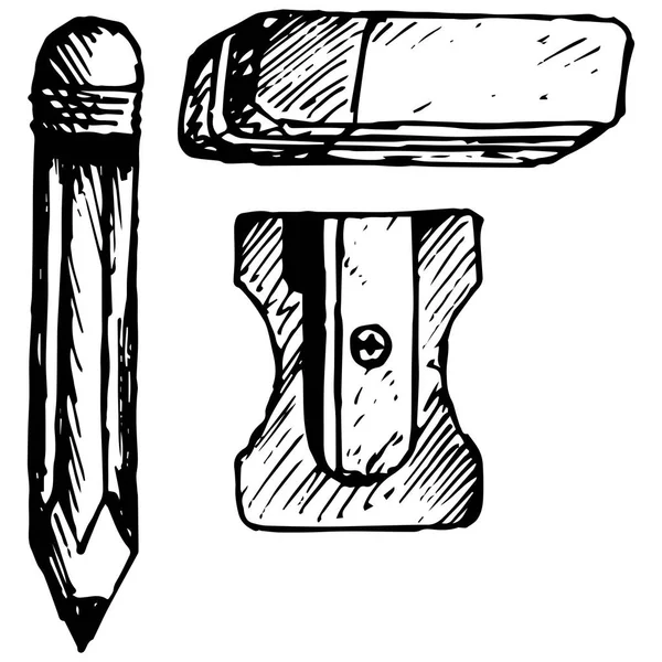 Radiergummi, Bleistift mit Radiergummi und Spitzer — Stockvektor