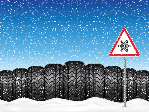 Winter car tires and triangle road sign — Stock Vector