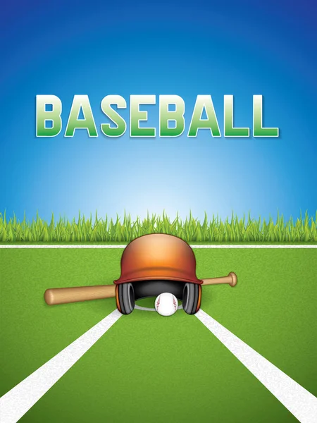 Casco de béisbol, murciélagos de madera y pelota — Vector de stock
