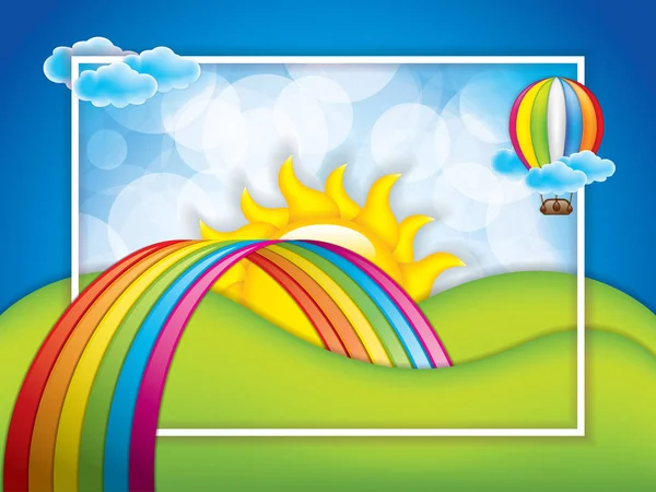 Lente achtergrond met regenboog en hete lucht ballon — Stockvector