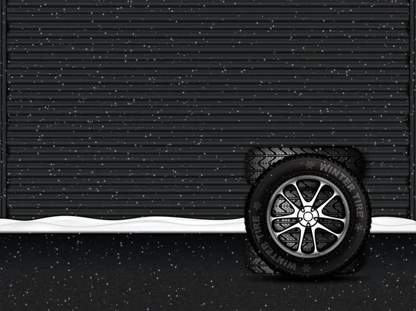 Neumáticos de invierno frente a la puerta del garaje — Vector de stock