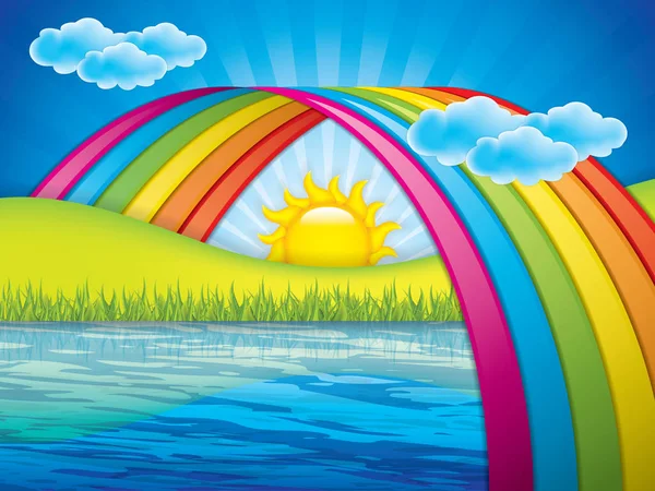Paisaje de primavera con arco iris — Vector de stock