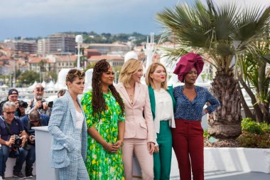 CANNES, FRANCE - MAY 08, 2018: Jury members Kristen Stewart, Lea Seydoux, Jury head Cate Blanchet, Ava DuVernay and Khadja Nin attending Jury photocall during the 71st annual Cannes Film Festival clipart